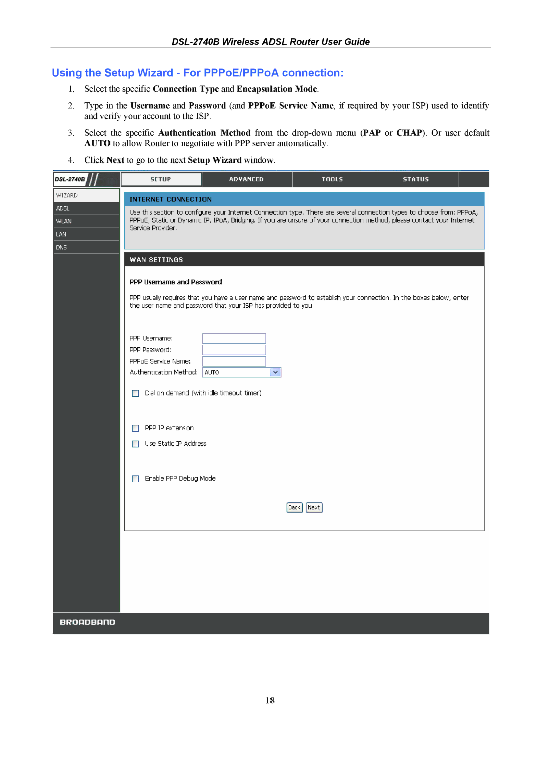 D-Link DSL-2740B manual Using the Setup Wizard For PPPoE/PPPoA connection 