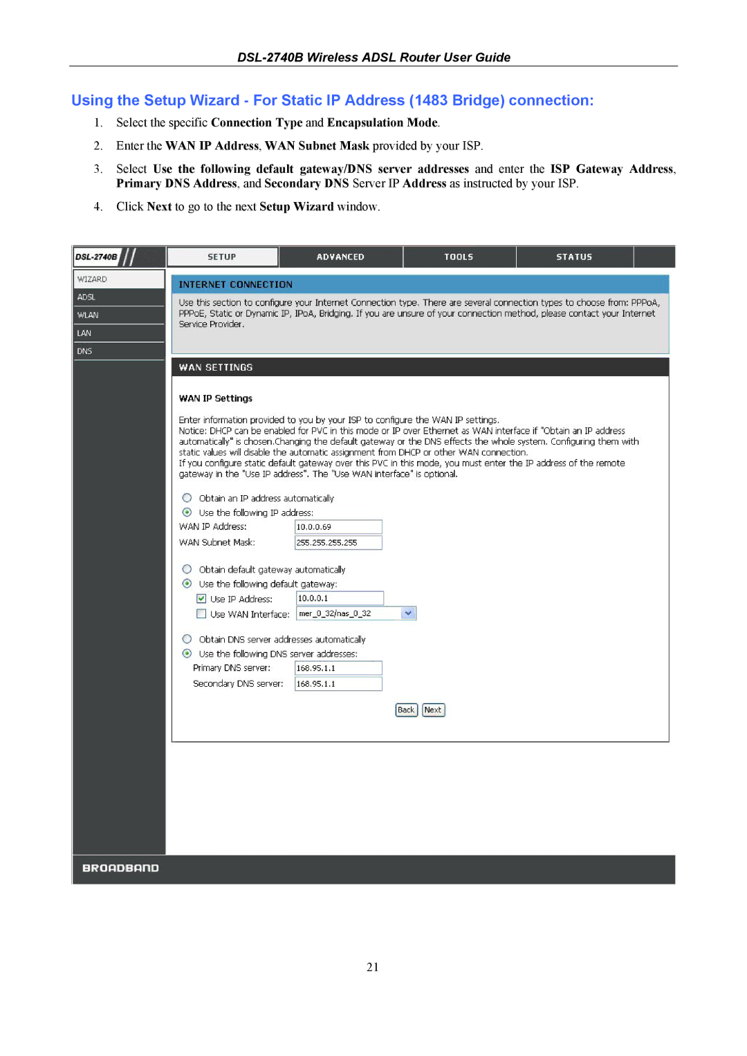 D-Link DSL-2740B manual Select the specific Connection Type and Encapsulation Mode 