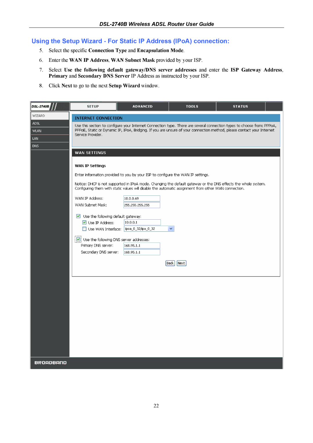 D-Link DSL-2740B manual Using the Setup Wizard For Static IP Address IPoA connection 