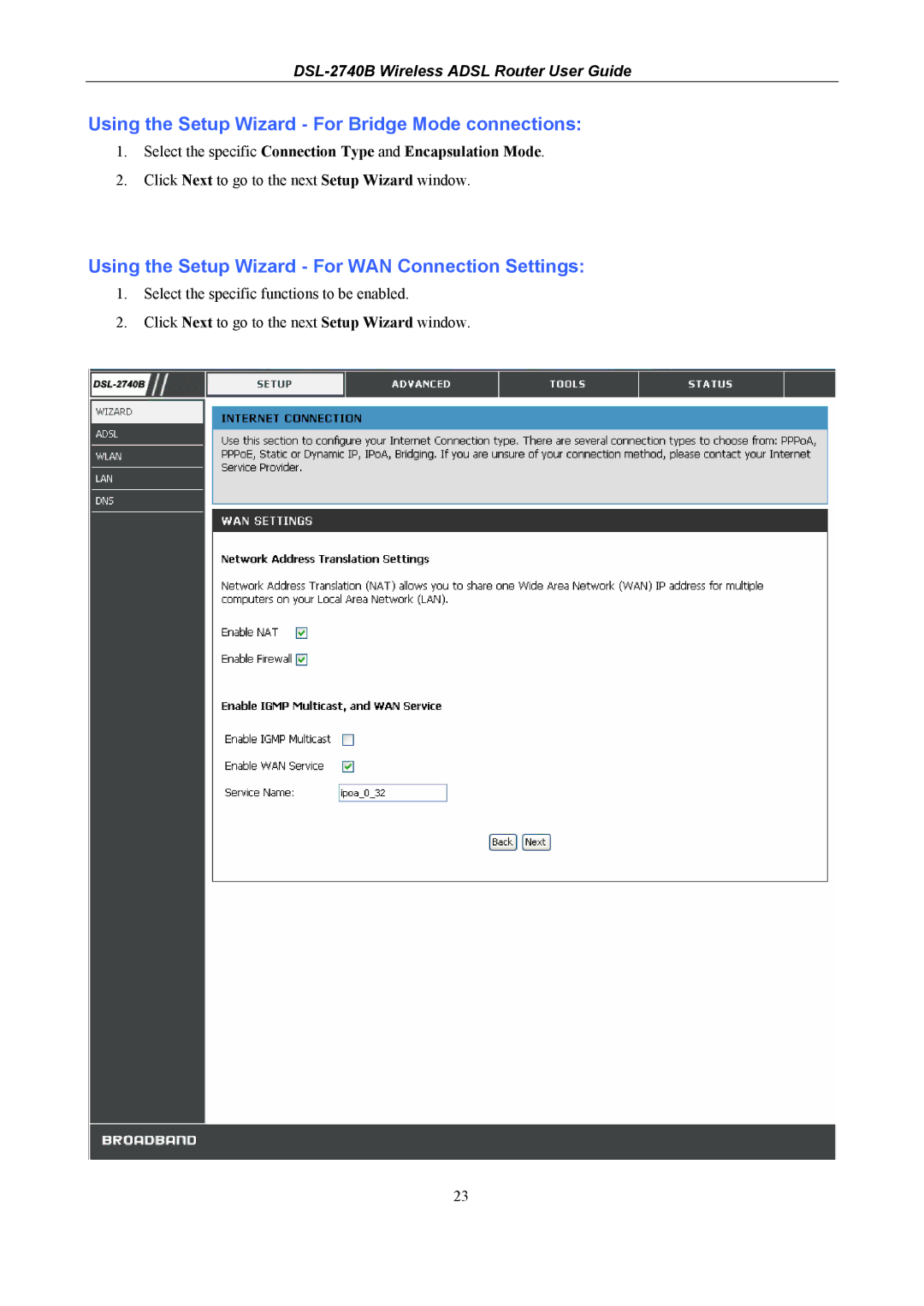 D-Link DSL-2740B manual Using the Setup Wizard For Bridge Mode connections 