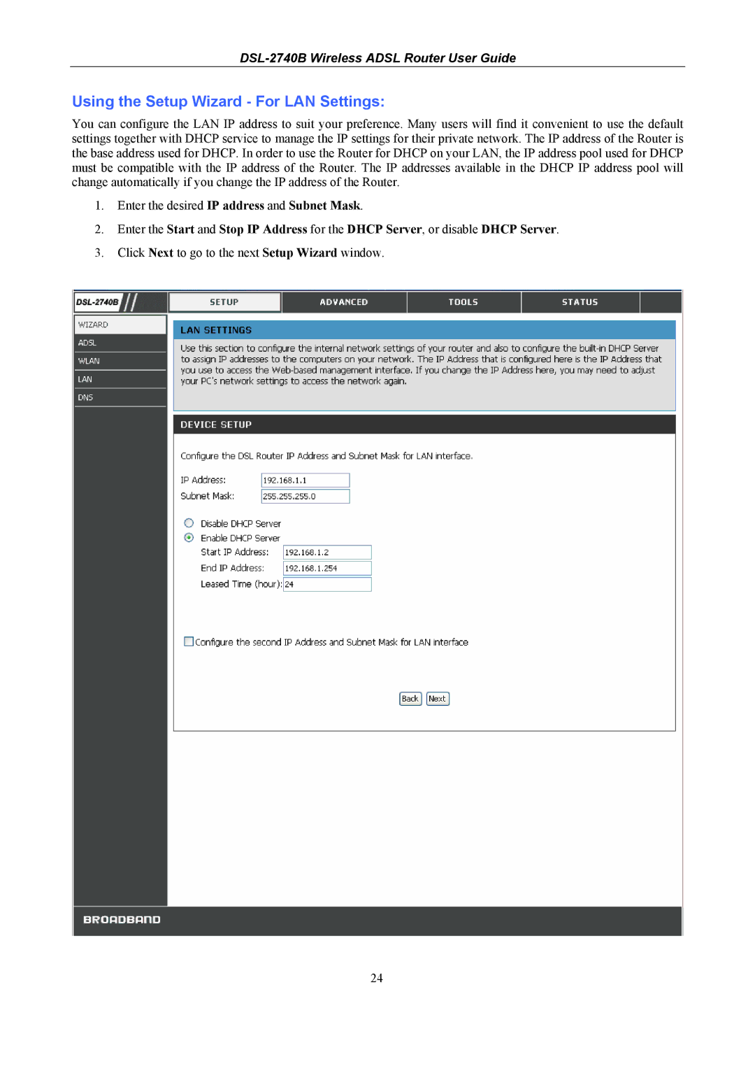 D-Link DSL-2740B manual Using the Setup Wizard For LAN Settings 