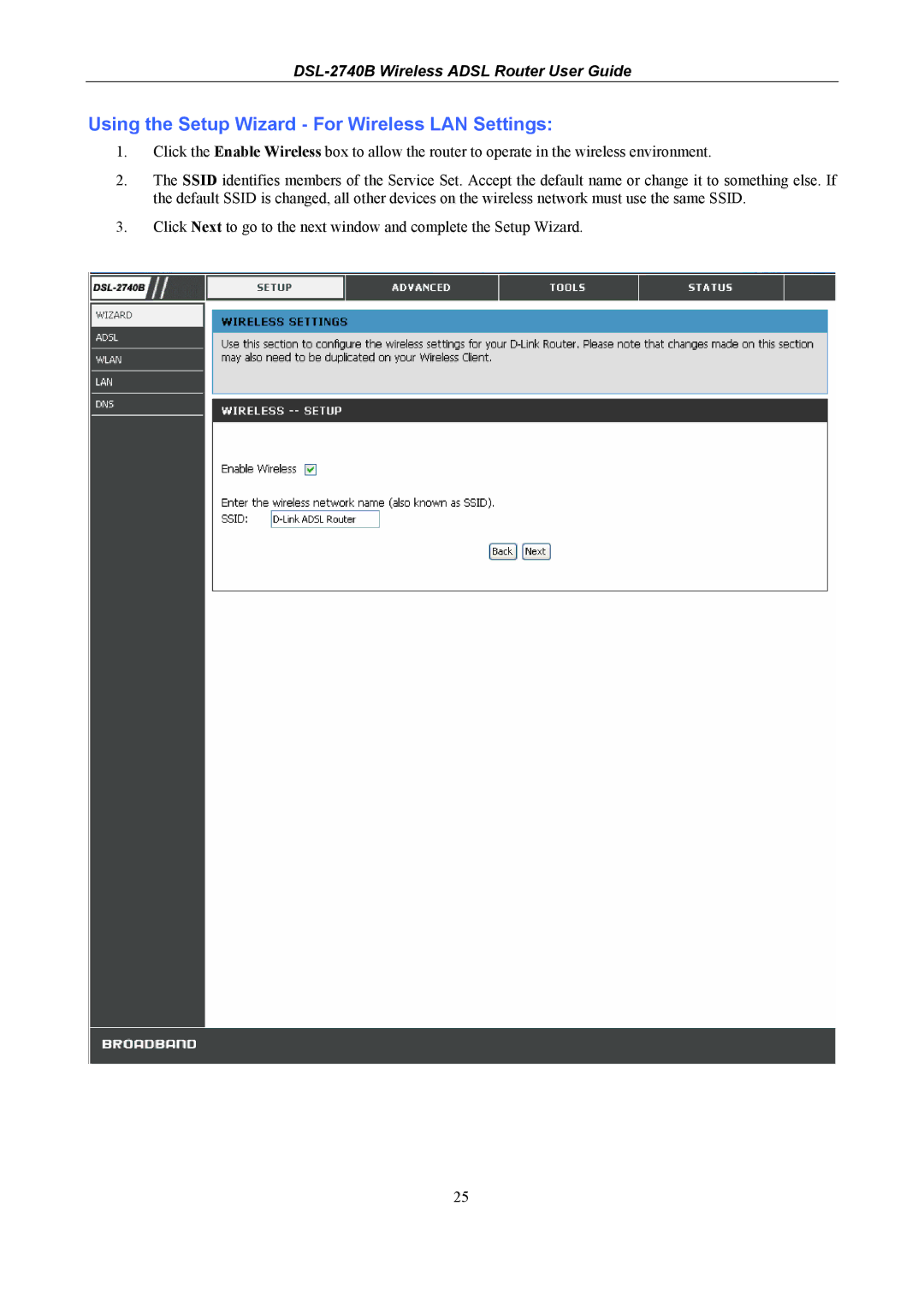 D-Link DSL-2740B manual Using the Setup Wizard For Wireless LAN Settings 