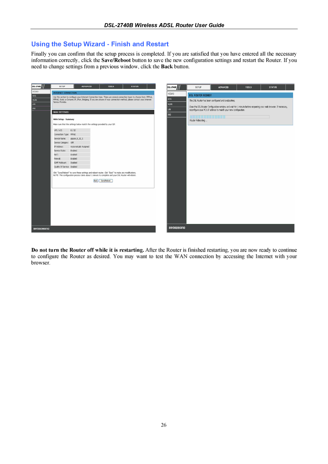 D-Link DSL-2740B manual Using the Setup Wizard Finish and Restart 