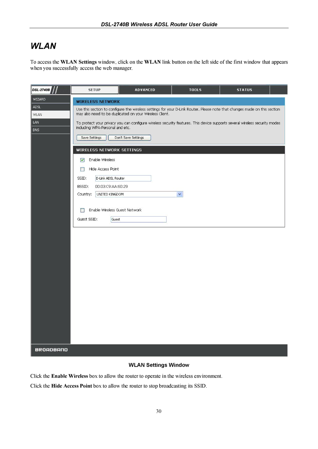 D-Link DSL-2740B manual Wlan Settings Window 