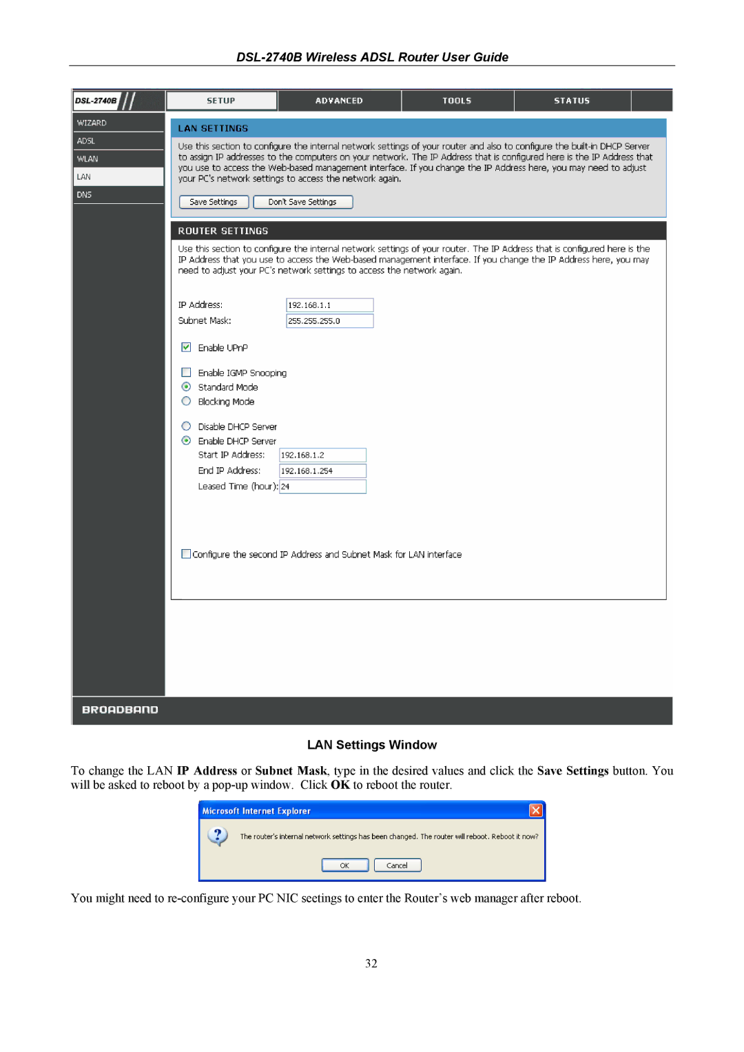 D-Link DSL-2740B manual LAN Settings Window 