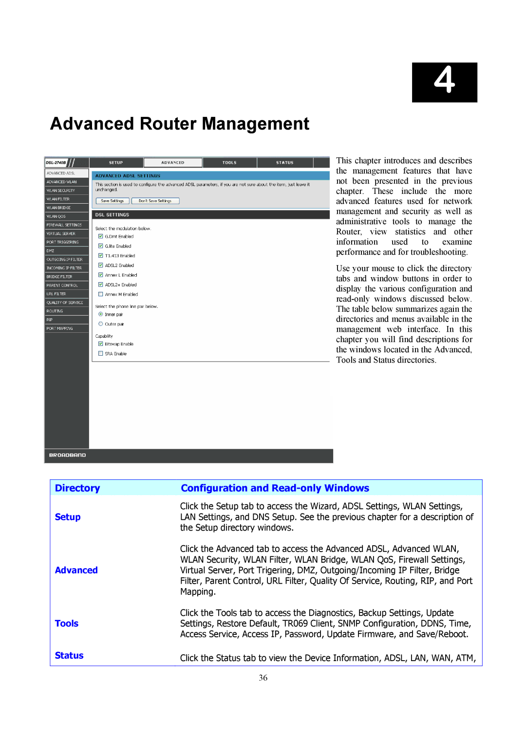 D-Link DSL-2740B manual Setup, Advanced, Tools Status 