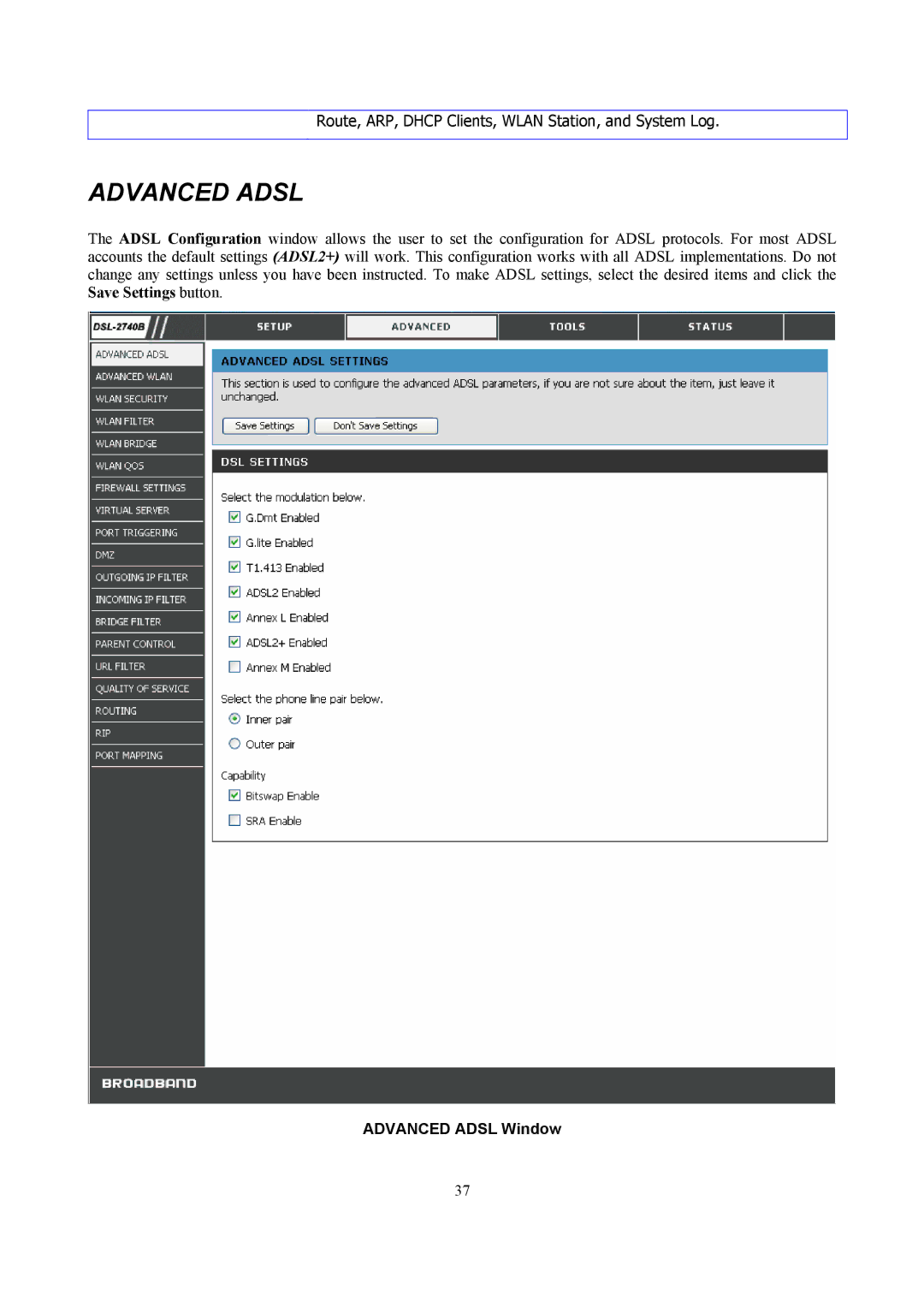 D-Link DSL-2740B manual Advanced Adsl Window 