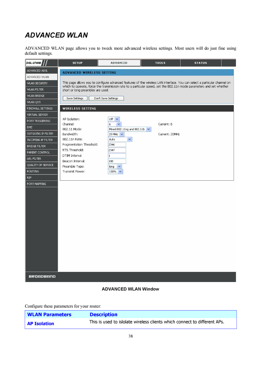 D-Link DSL-2740B manual Advanced Wlan Window 