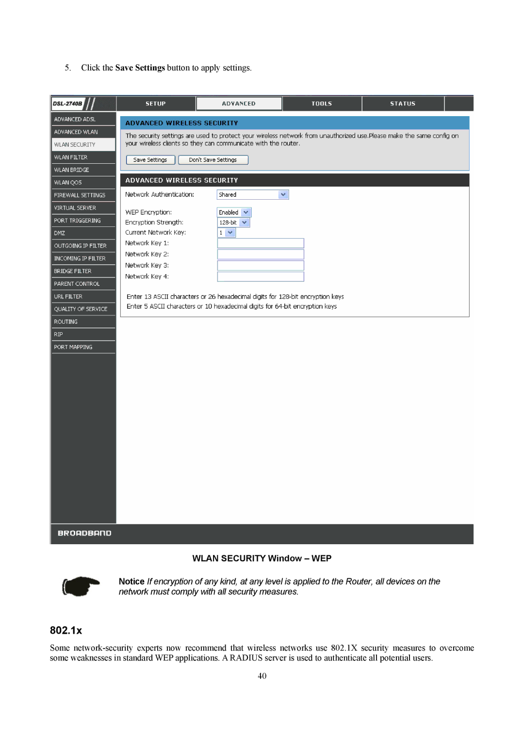 D-Link DSL-2740B manual 802.1x, Wlan Security Window WEP 