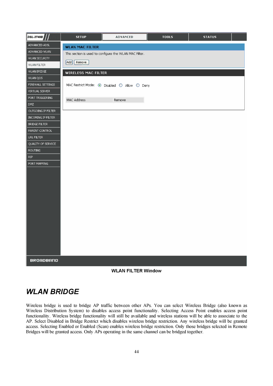 D-Link DSL-2740B manual Wlan Bridge, Wlan Filter Window 