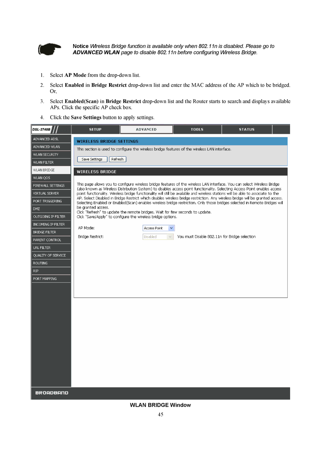 D-Link DSL-2740B manual Wlan Bridge Window 