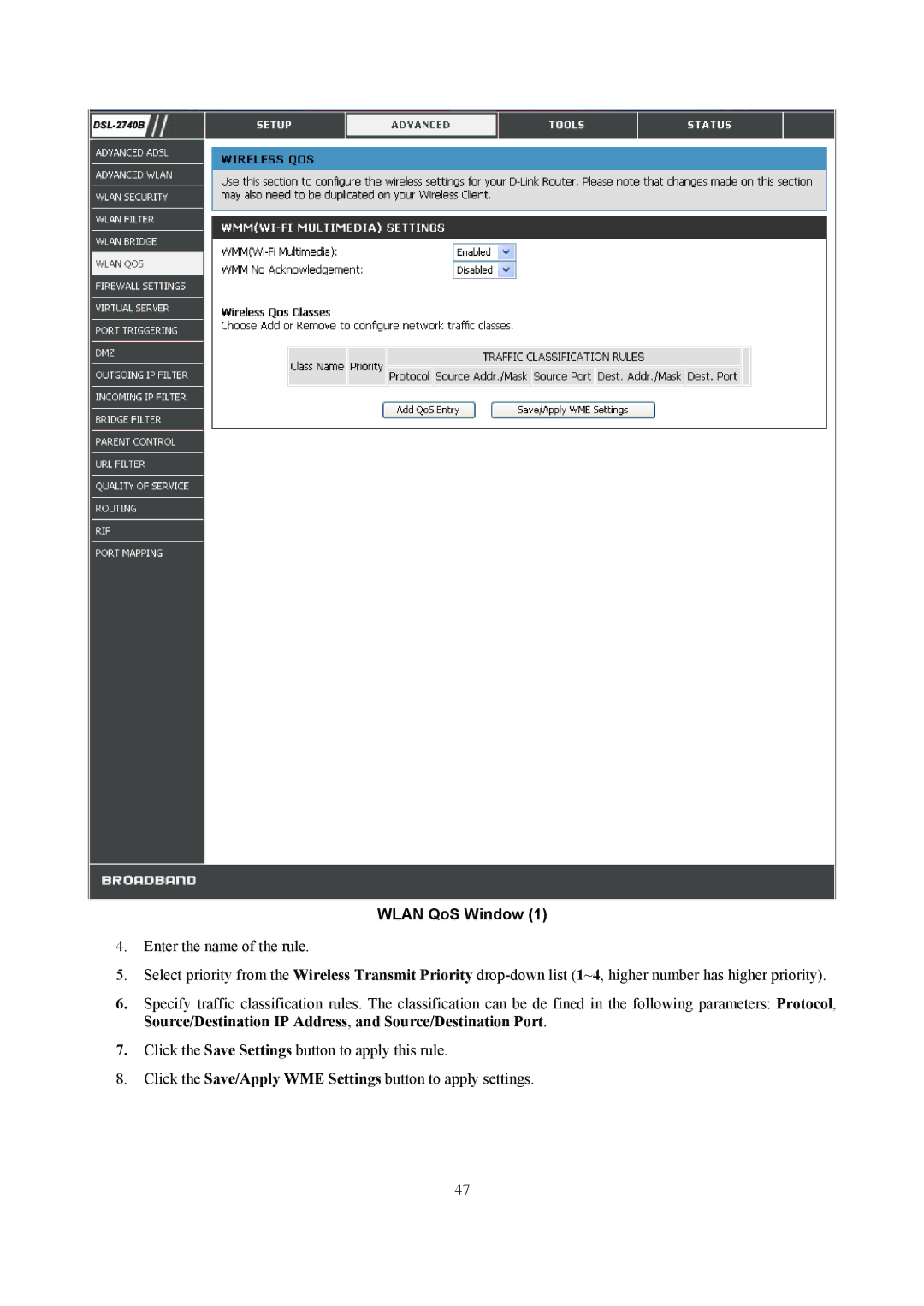 D-Link DSL-2740B manual Wlan QoS Window 