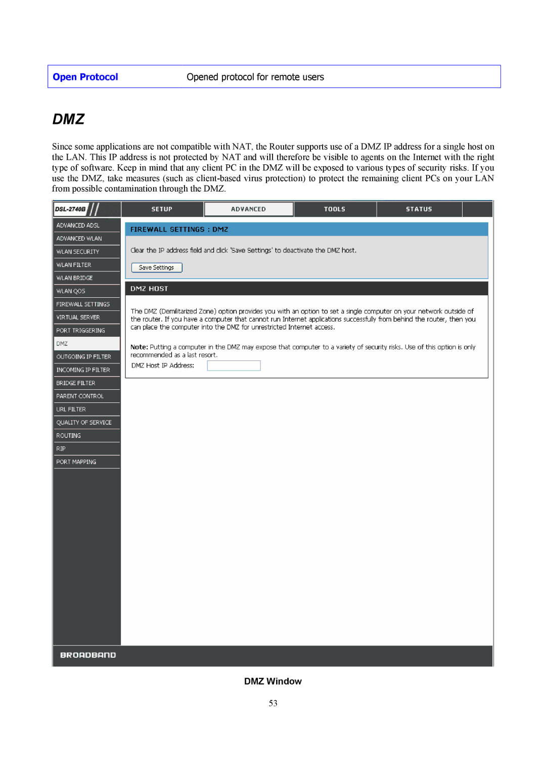 D-Link DSL-2740B manual Dmz, Open Protocol Opened protocol for remote users, DMZ Window 