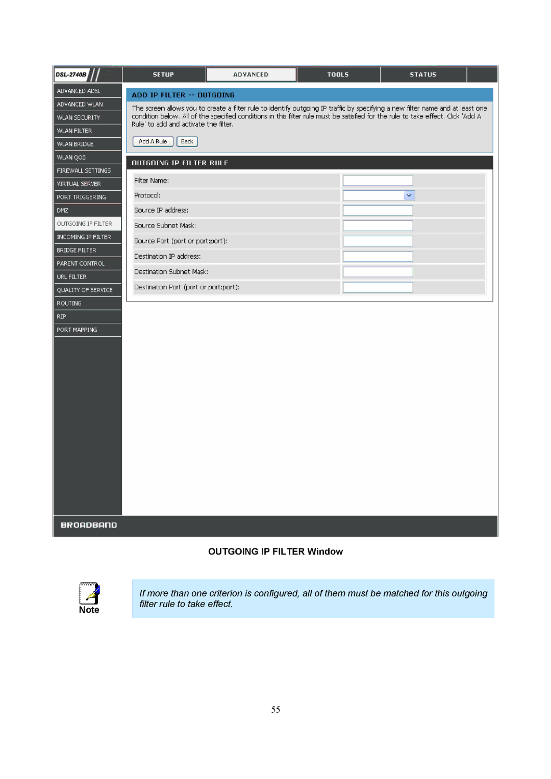 D-Link DSL-2740B manual Outgoing IP Filter Window 