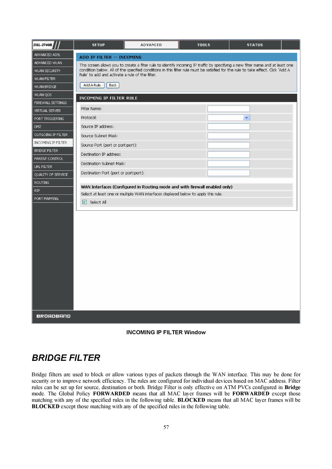 D-Link DSL-2740B manual Bridge Filter, Incoming IP Filter Window 