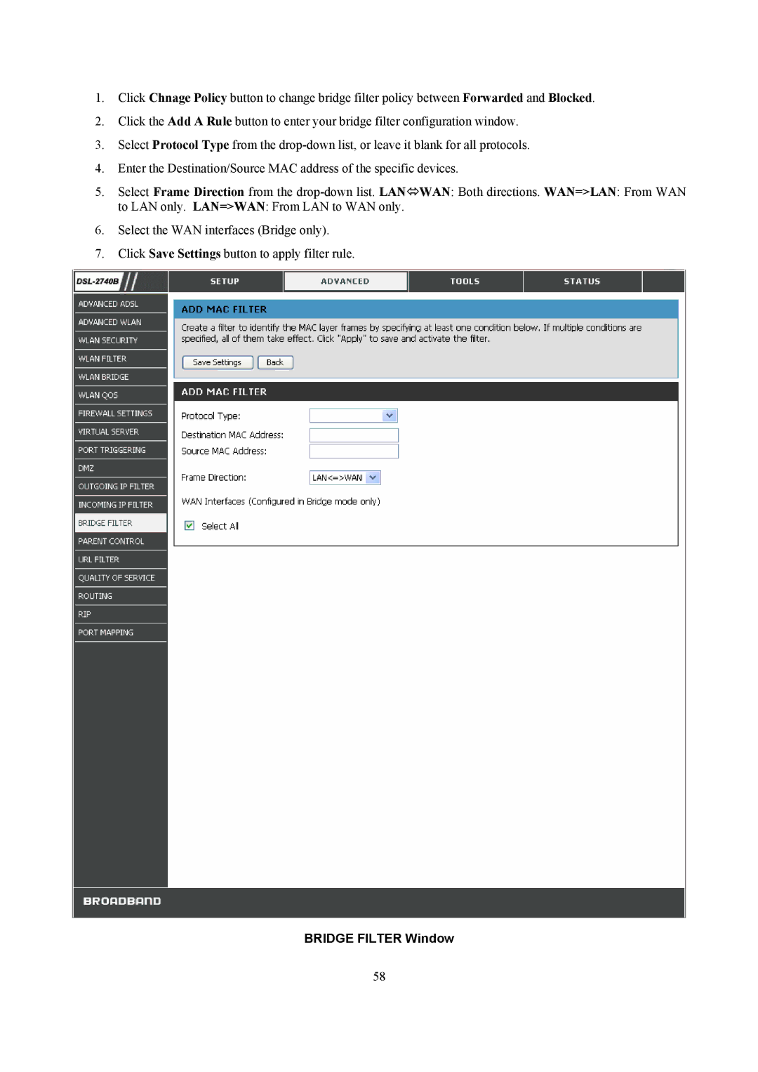 D-Link DSL-2740B manual Bridge Filter Window 