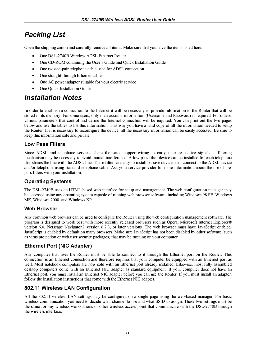 D-Link DSL-2740B manual Packing List, Installation Notes 