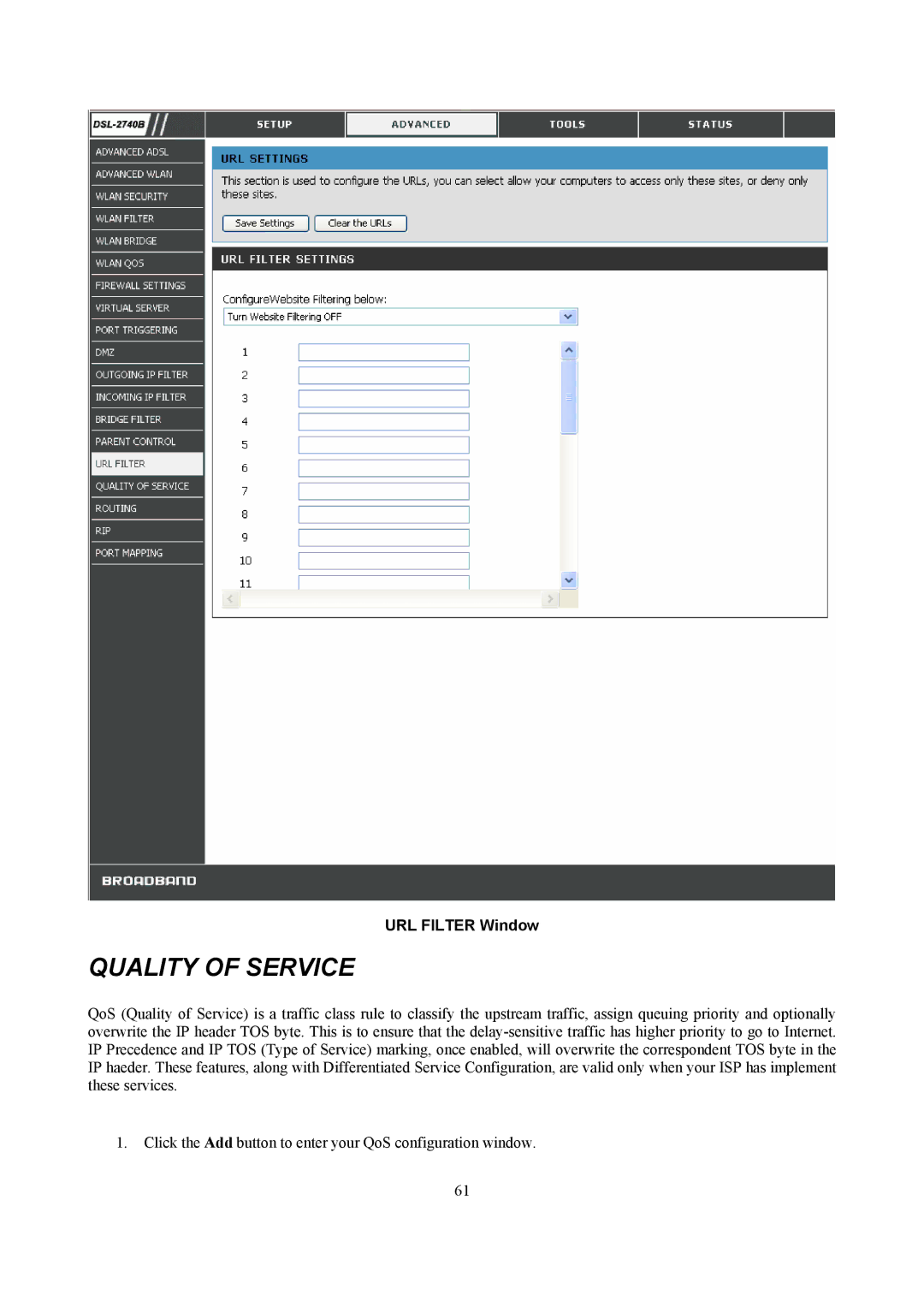 D-Link DSL-2740B manual Quality of Service, URL Filter Window 