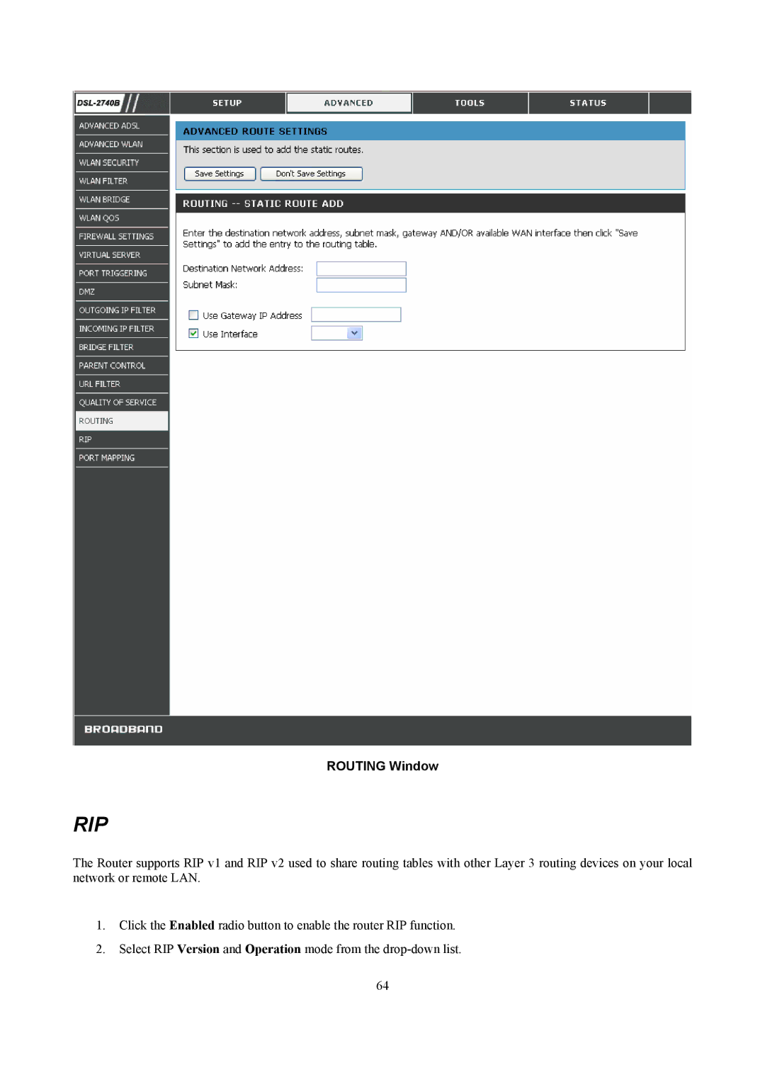 D-Link DSL-2740B manual Rip, Routing Window 