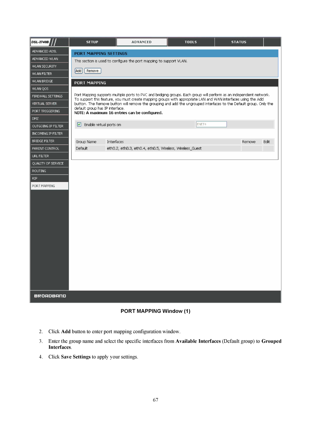 D-Link DSL-2740B manual Port Mapping Window 