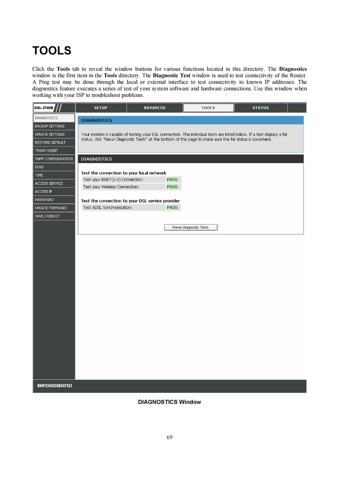 D-Link DSL-2740B manual Tools, Diagnostics Window 