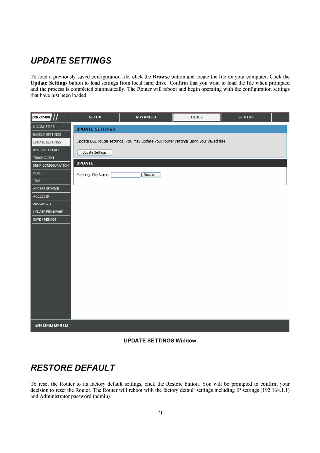 D-Link DSL-2740B manual Restore Default, Update Settings Window 