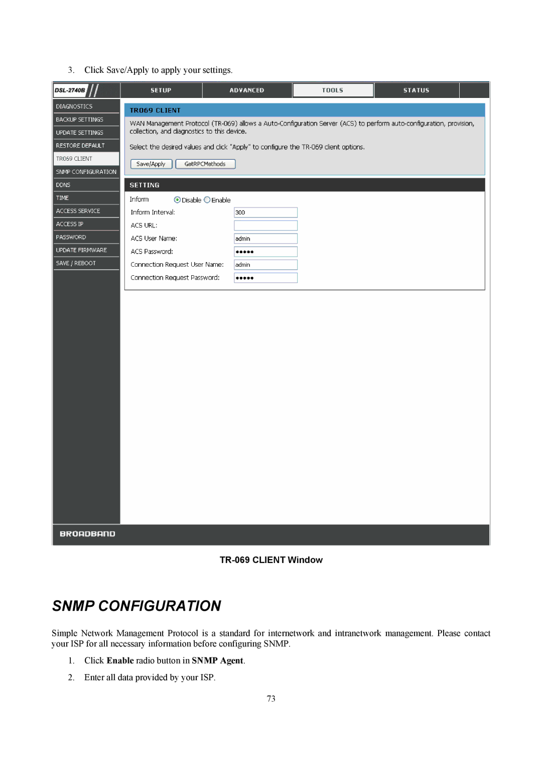 D-Link DSL-2740B manual Snmp Configuration, TR-069 Client Window 