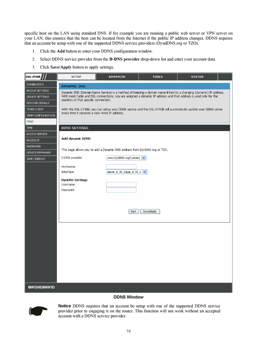 D-Link DSL-2740B manual Ddns Window 