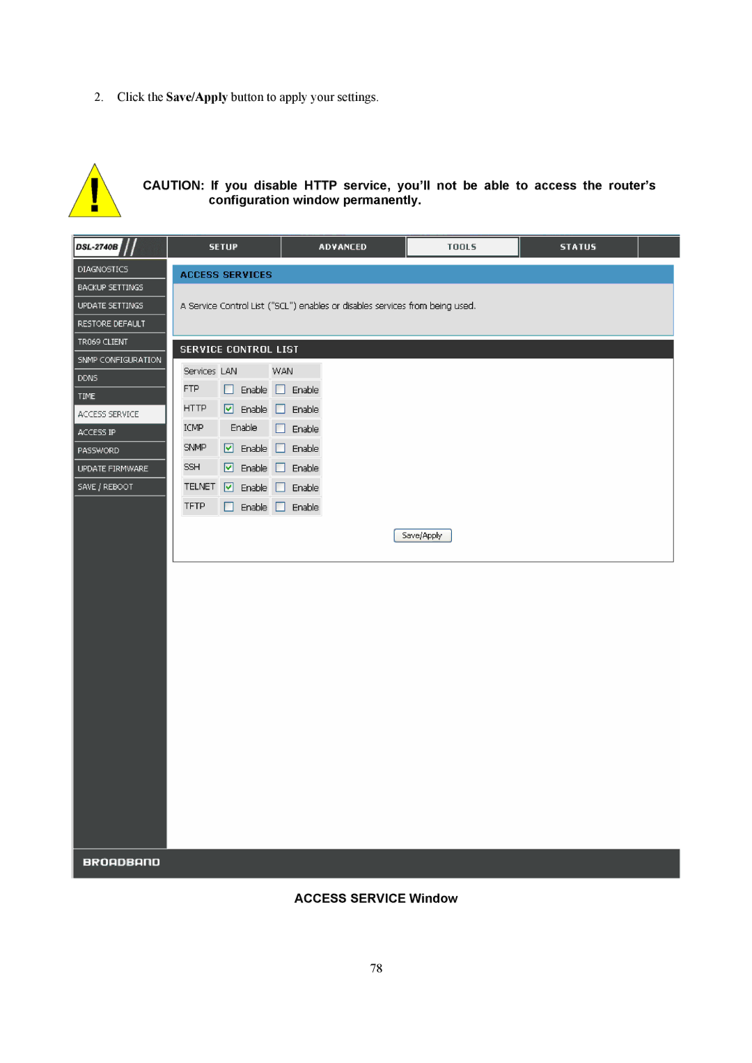 D-Link DSL-2740B manual Access Service Window 