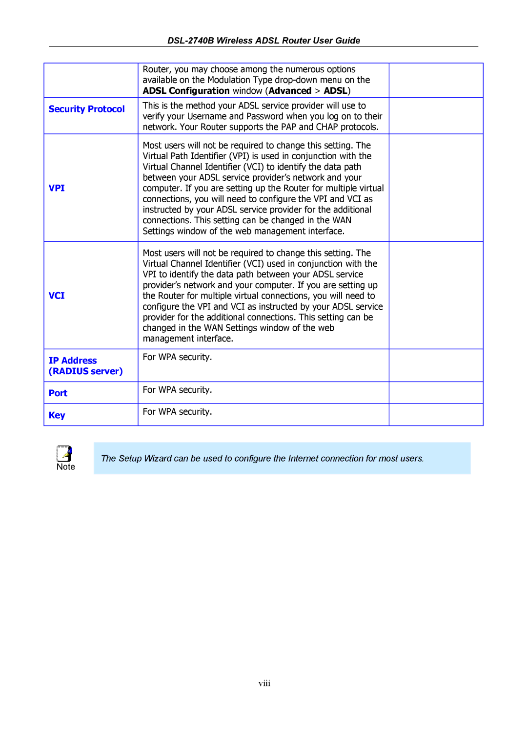 D-Link DSL-2740B manual Security Protocol, IP Address, Radius server Port, Key 