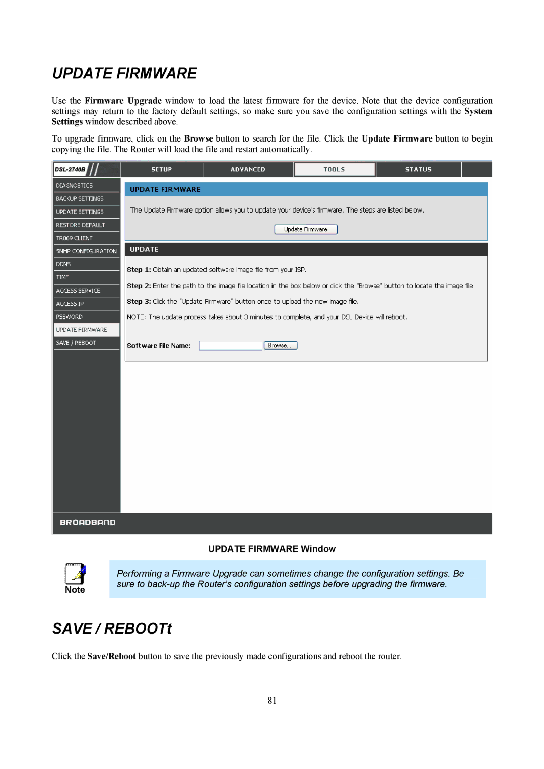 D-Link DSL-2740B manual Update Firmware, Save / REBOOTt 