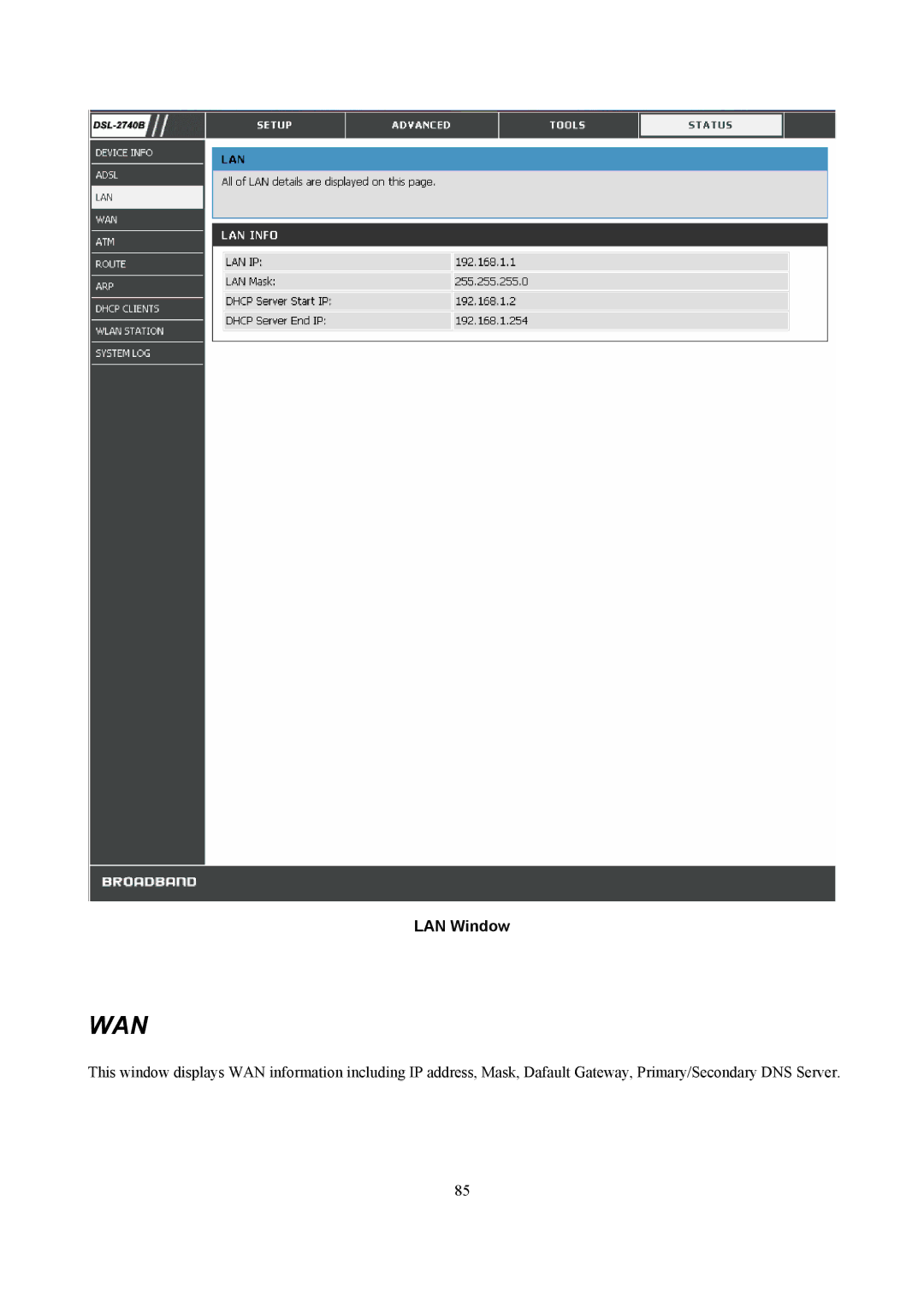 D-Link DSL-2740B manual Wan, LAN Window 