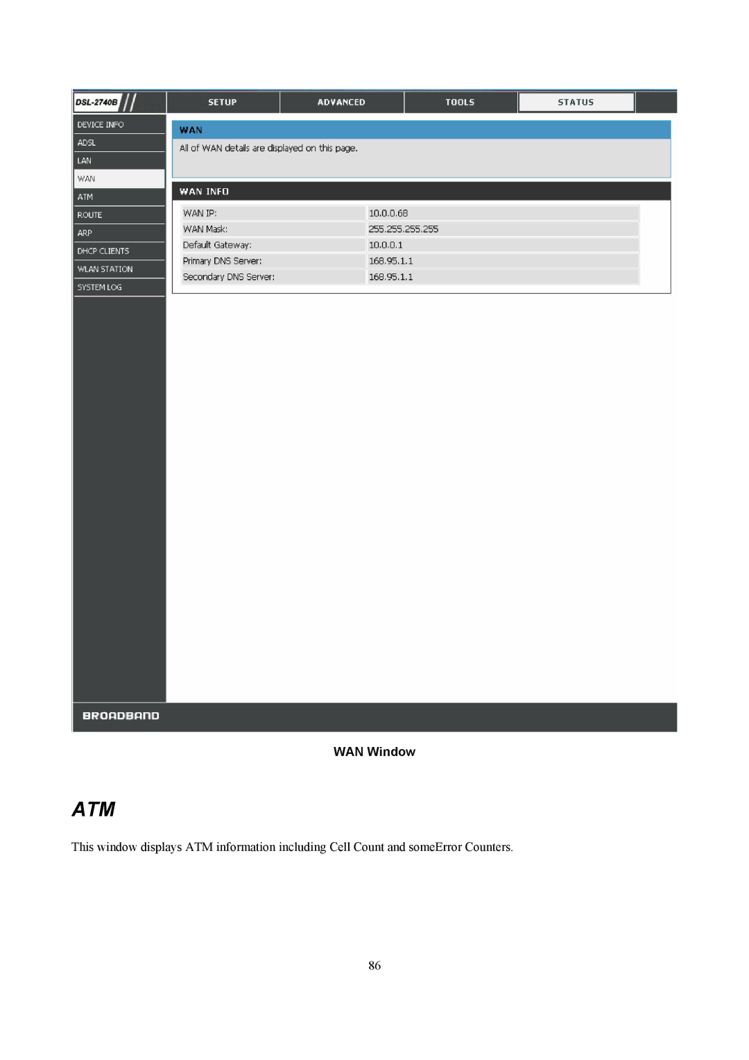 D-Link DSL-2740B manual Atm, WAN Window 