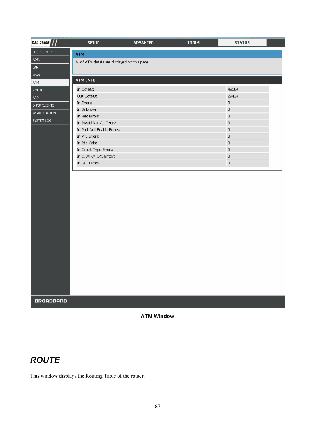 D-Link DSL-2740B manual Route, ATM Window 