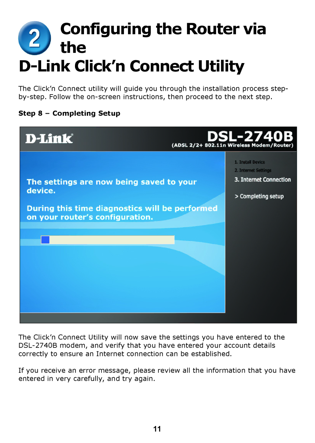 D-Link DSL 2740B manual Configuring the Router via Link Click’n Connect Utility, Completing Setup 