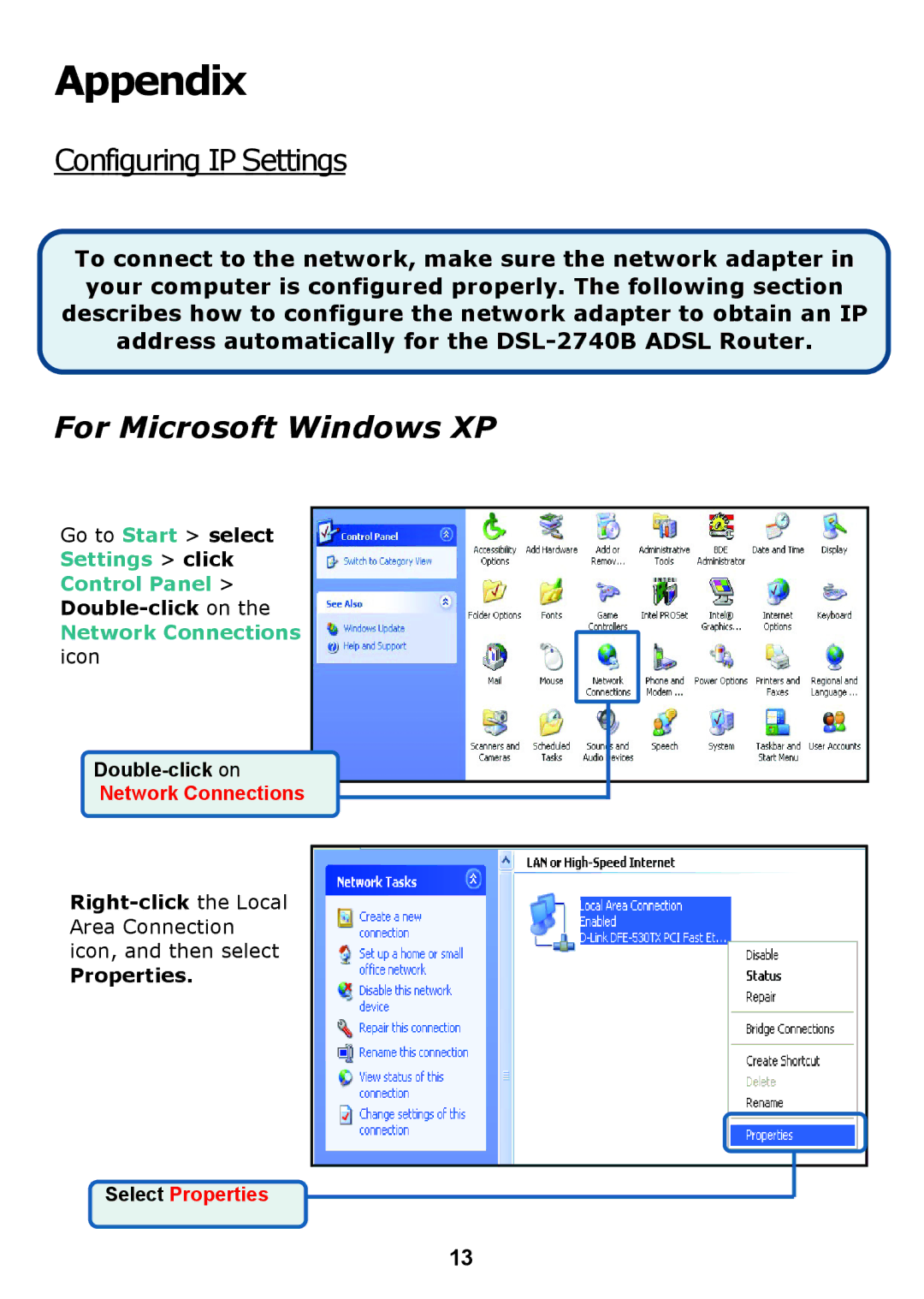 D-Link DSL 2740B manual Appendix, Configuring IP Settings 