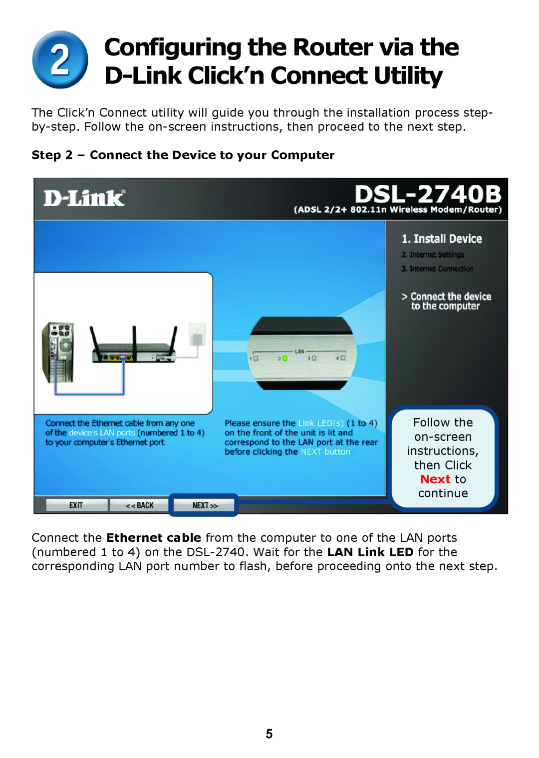 D-Link DSL 2740B manual Connect the Device to your Computer 