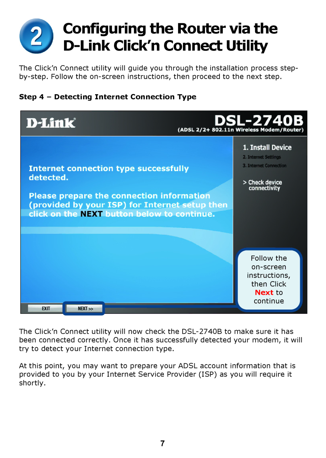 D-Link DSL 2740B manual Detecting Internet Connection Type 