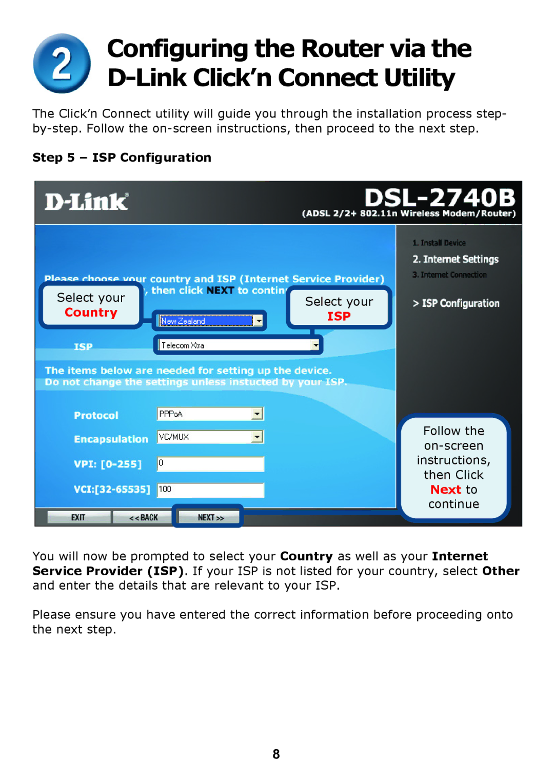 D-Link DSL 2740B manual Configuring the Router via Link Click’n Connect Utility, ISP Configuration 