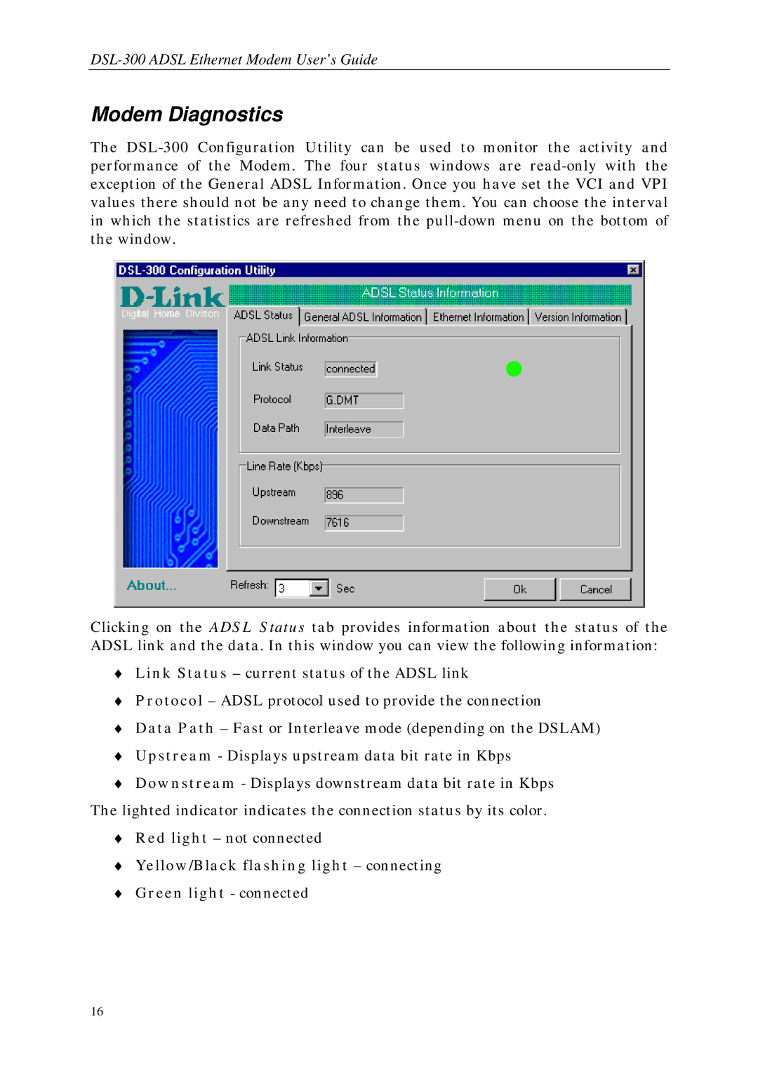 D-Link DSL-300 manual Modem Diagnostics 