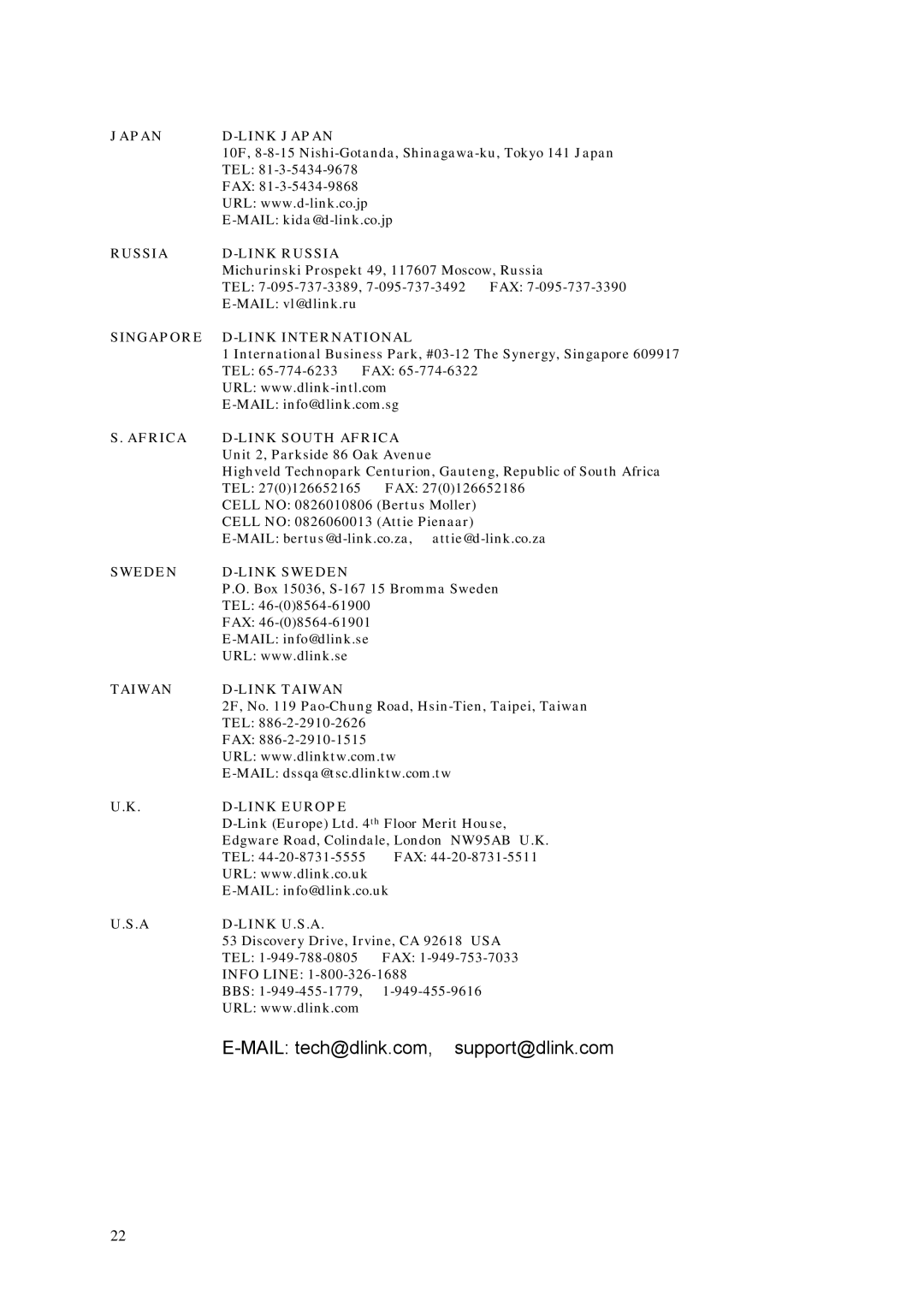 D-Link DSL-300 manual Mail tech@dlink.com, support@dlink.com 