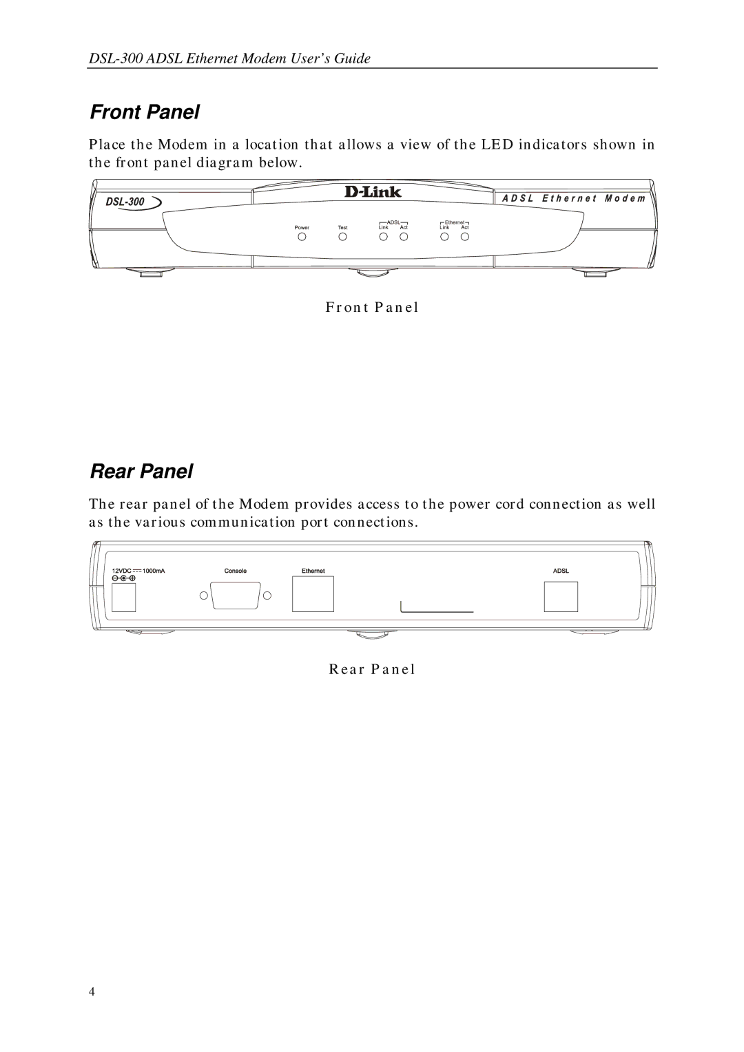 D-Link DSL-300 manual Front Panel, Rear Panel 