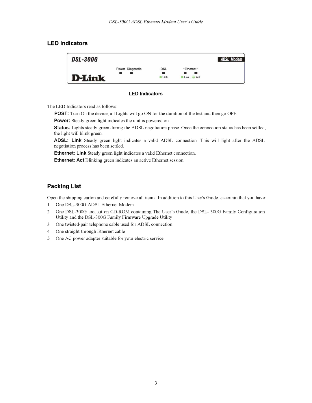 D-Link DSL-300CV, DSL-300G manual LED Indicators, Packing List 