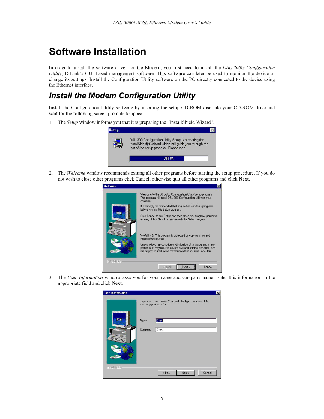 D-Link DSL-300CV, DSL-300G manual Software Installation, Install the Modem Configuration Utility 