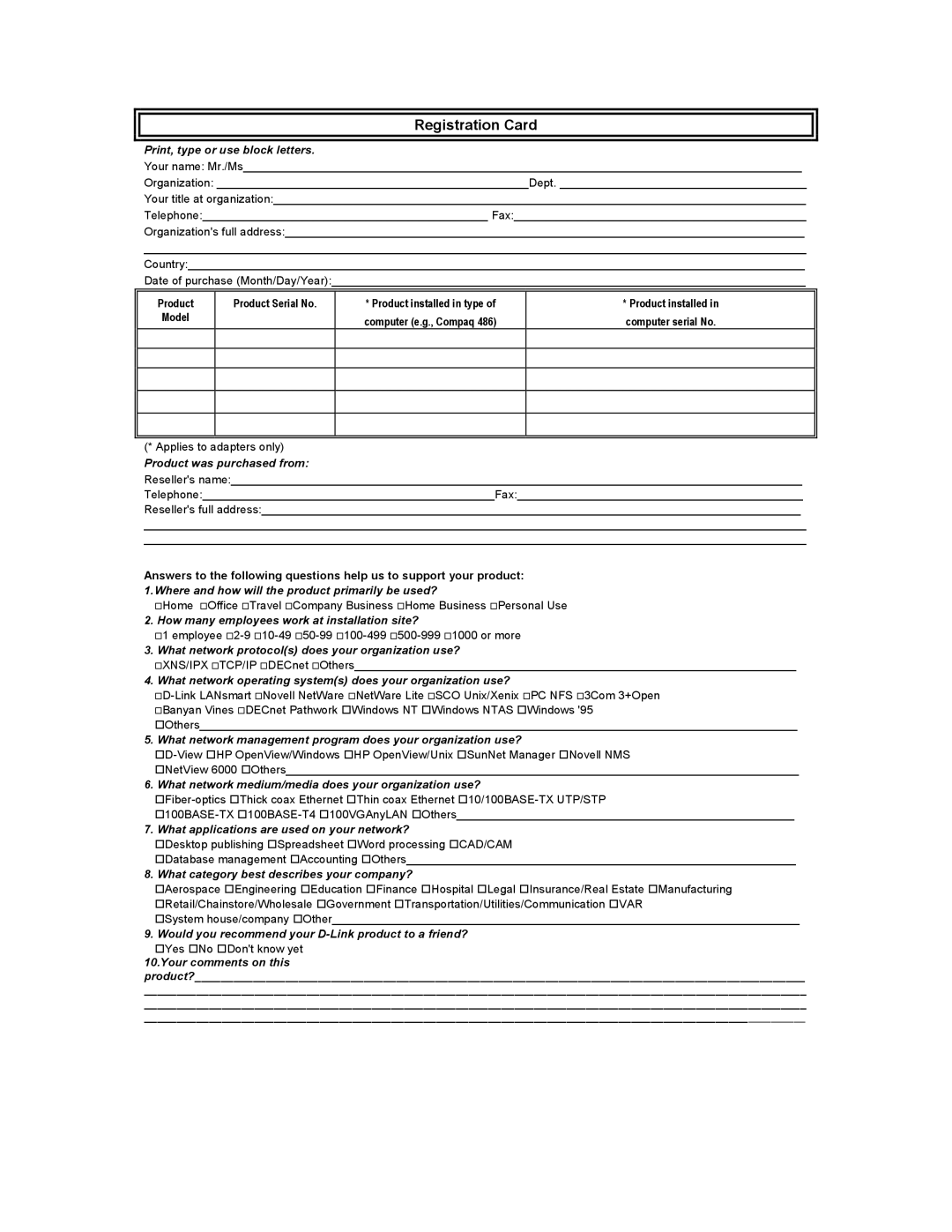 D-Link DSL-300G, DSL-300CV manual Registration Card 