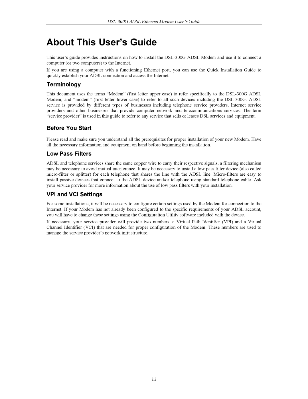 D-Link DSL-300CV, DSL-300G About This User’s Guide, Terminology, Before You Start, Low Pass Filters, VPI and VCI Settings 