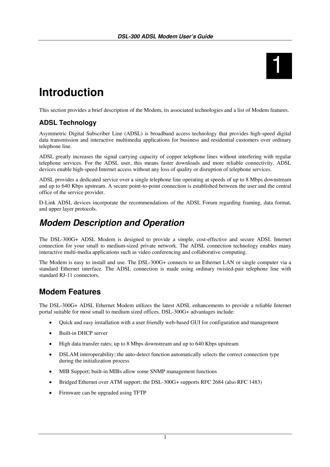 D-Link DSL-300G+ manual Introduction, Modem Description and Operation, Modem Features, Adsl Technology 