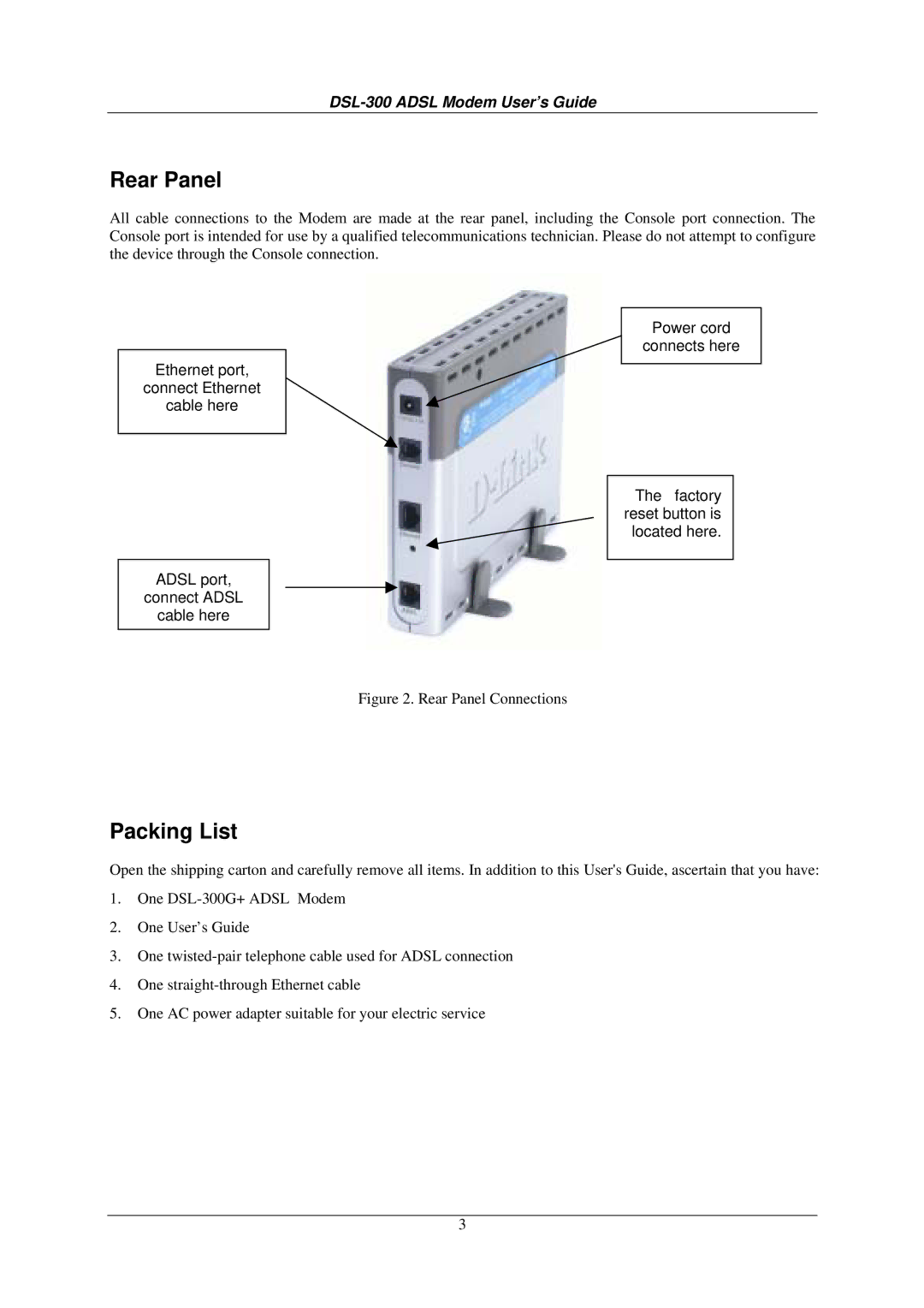 D-Link DSL-300G+ manual Rear Panel, Packing List 