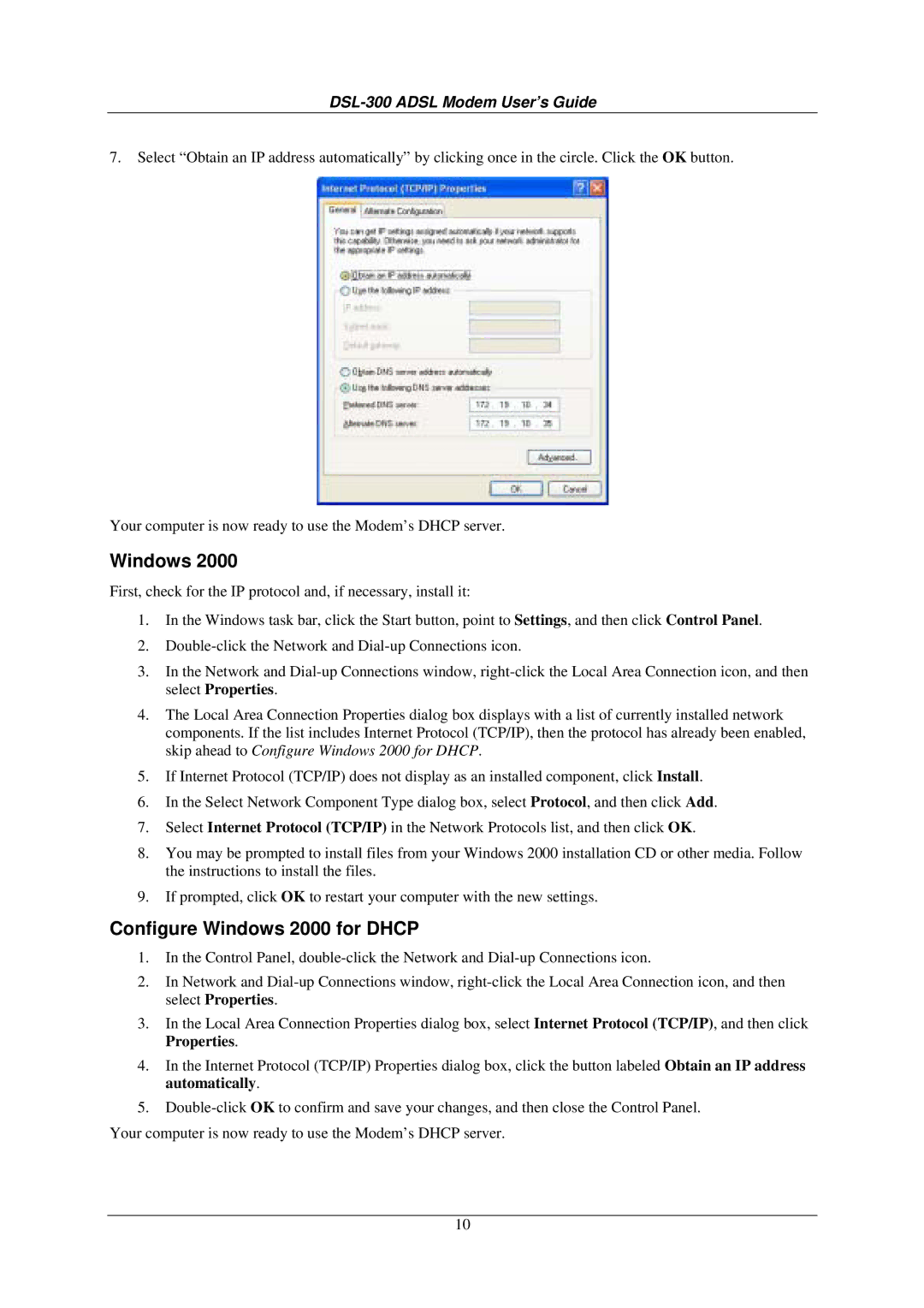 D-Link DSL-300G+ manual Configure Windows 2000 for Dhcp 