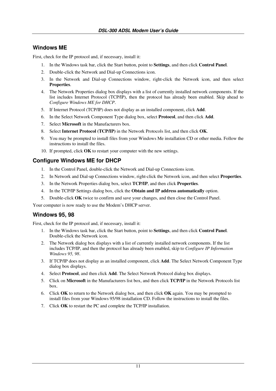 D-Link DSL-300G+ manual Configure Windows ME for Dhcp, Windows 95 